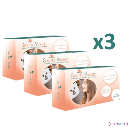 Pack de 3 boîtes de masques auto-chauffants Spa du Visage Climsom, pour un soin relaxant et purifiant du visage. Idéal pour une peau lumineuse et hydratée.