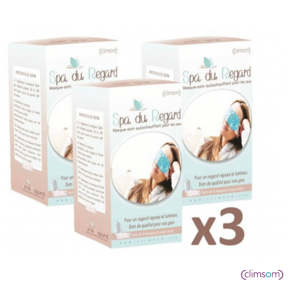 Pack de 3 boîtes de masques chauffants Spa du Regard Climsom, offrant 30 masques pour soulager la fatigue oculaire, hydrater et illuminer le contour des yeux.