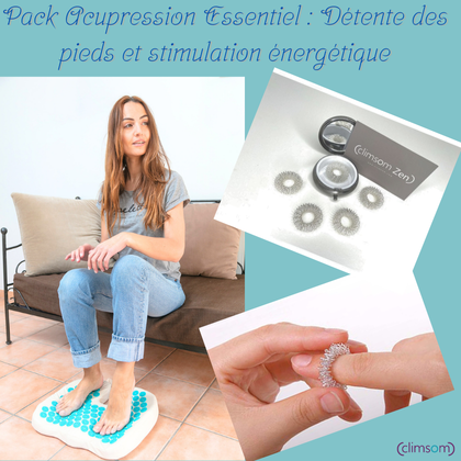 Pack Acupression Essentiel avec coussin d'acu-réflexologie pour les pieds et bagues d'acupression, idéal pour la détente et la stimulation énergétique.