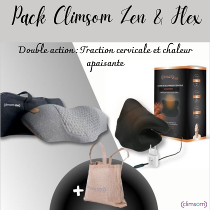 Pack de décompression cervicale Climsom Zen avec coussin chauffant à mémoire de forme, housse chauffante et sac de transport.