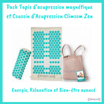 Pack Tapis d'acupression magnétique et Coussin d'acupression Climsom Zen, idéal pour la relaxation et le bien-être avec un tapis, un coussin et un sac inclus.